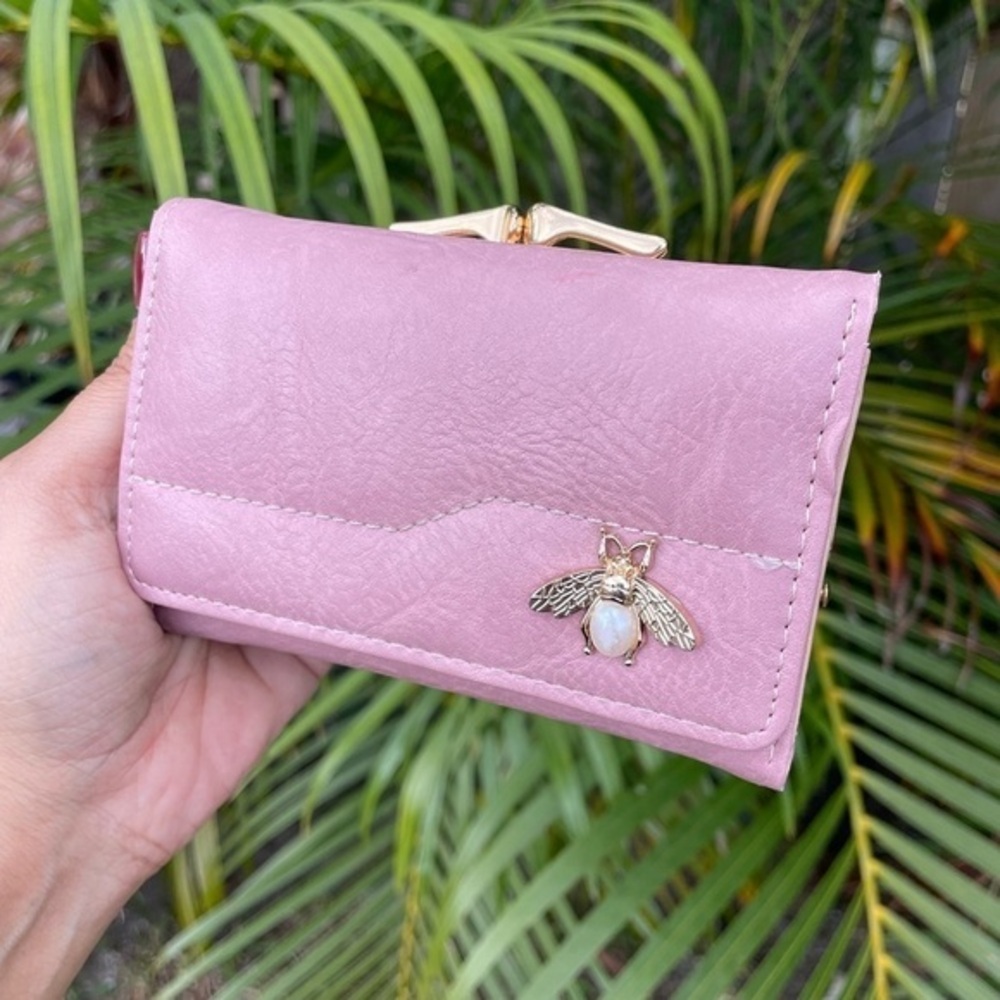 Pink Trifold Wallet with Pearl Bee Accent